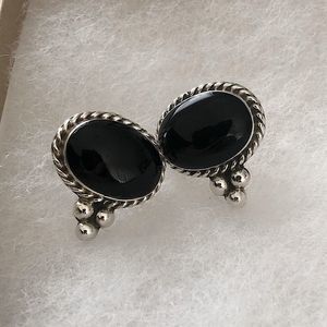 TAXCO Black Onyx Sterling Silver Southwest Post Backs Drop Earrings
